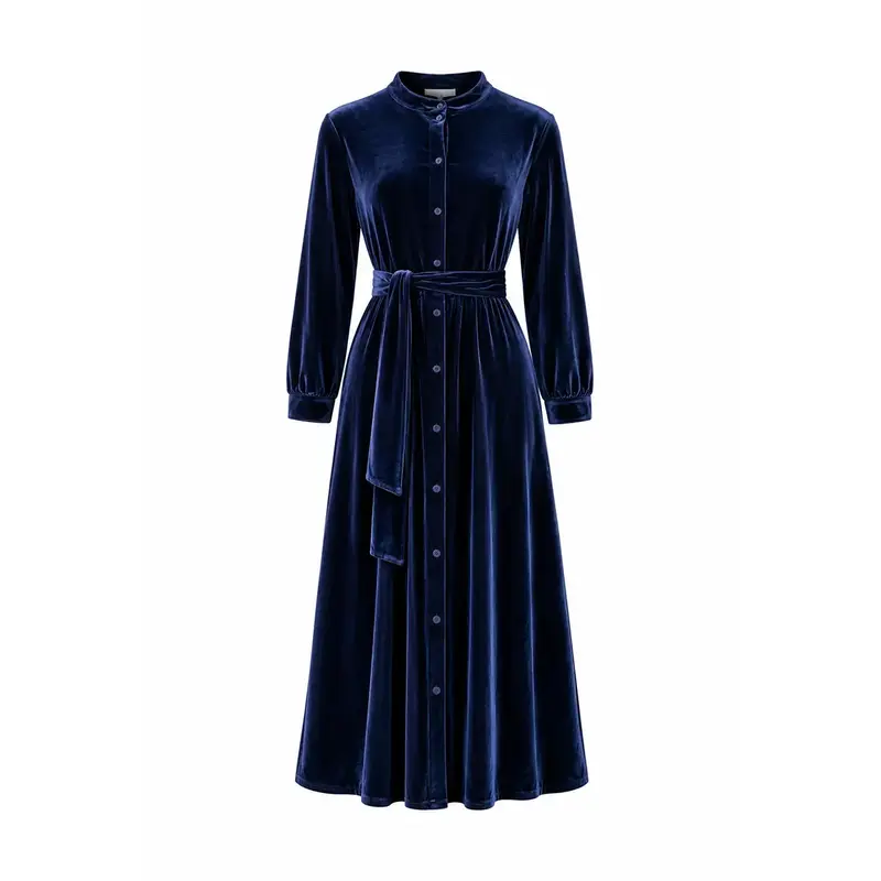 CLELIA MIDI – Abito Midi in Ciniglia Blu con Cintura