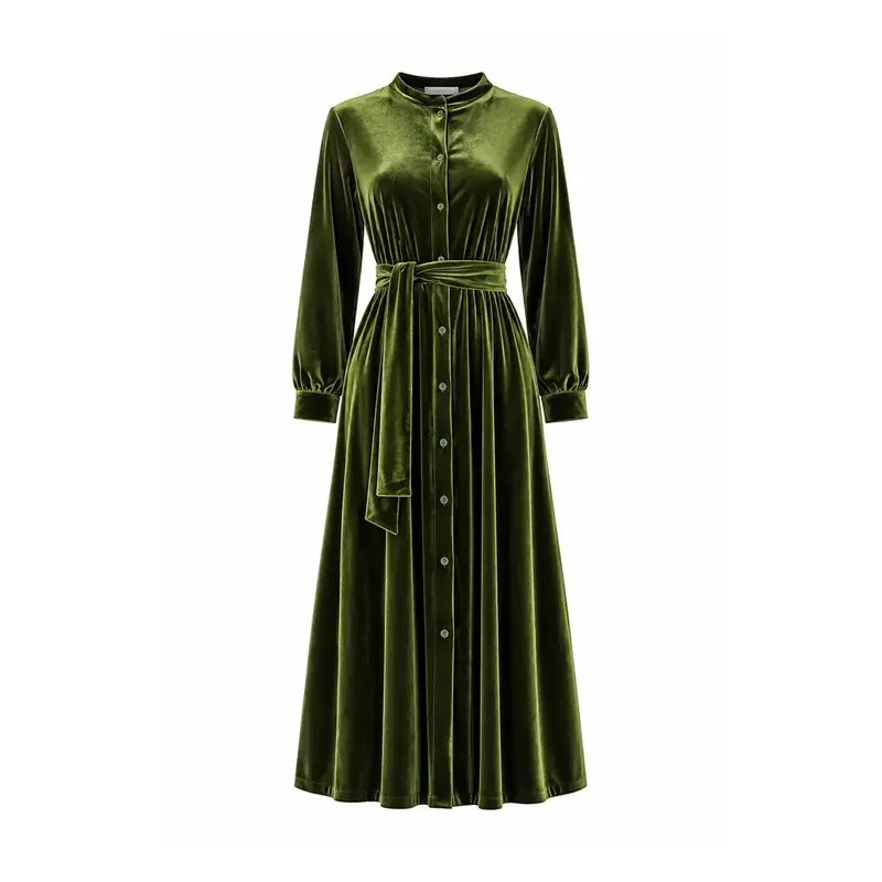 CLELIA MIDI – Abito Midi in Ciniglia Verde con Cintura