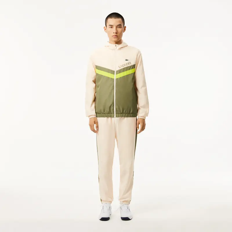 LACOSTE Tuta Leggera In Microfibra Con Zip e Cappuccio Banda Frontale Beige/Verde/Fluo